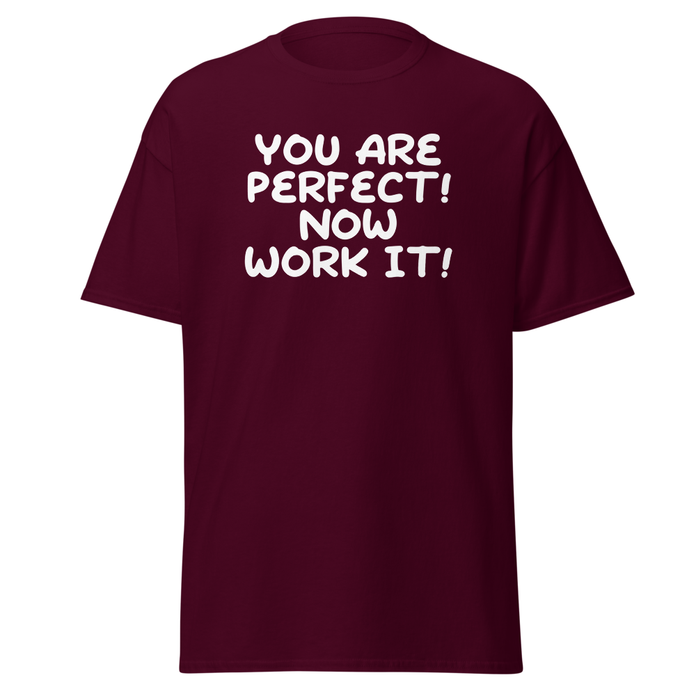 "You Are Perfect! Now Work It!" printed on a maroon on an invisible body