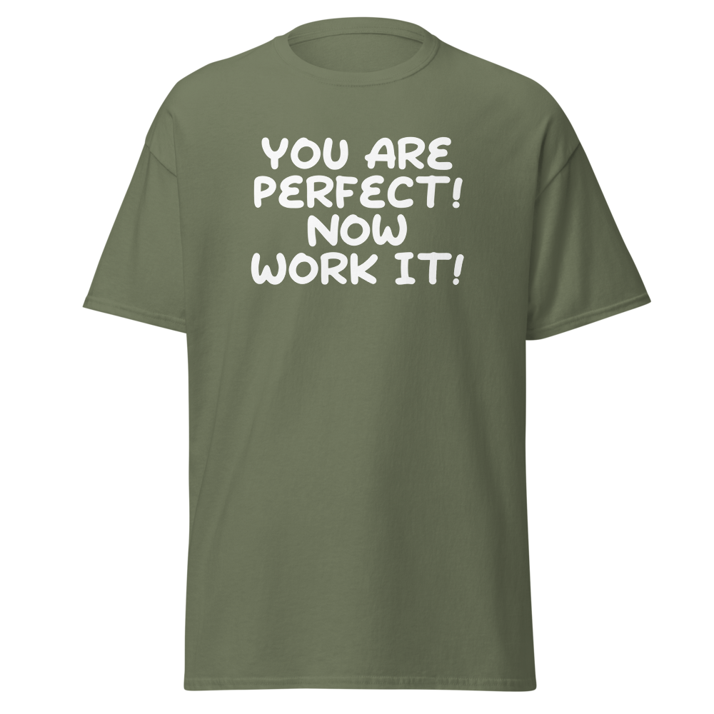 "You Are Perfect! Now Work It!" printed on a military green on an invisible body