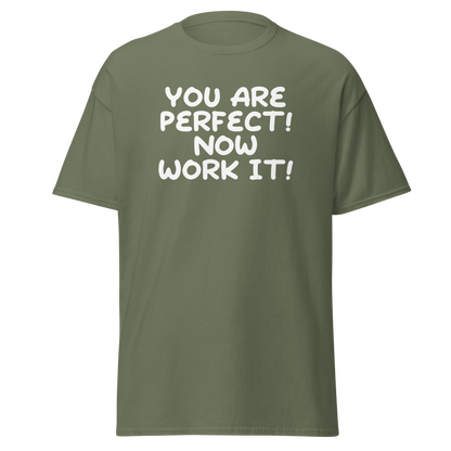 "You Are Perfect! Now Work It!" printed on a military green on an invisible body