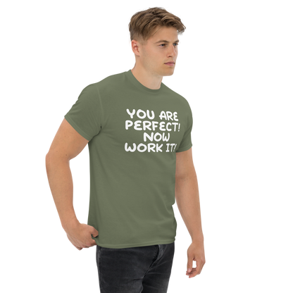 "You Are Perfect! Now Work It!" printed on a military green unisex classic tee worn by a male