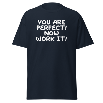 "You Are Perfect! Now Work It!" printed on a navy on an invisible body