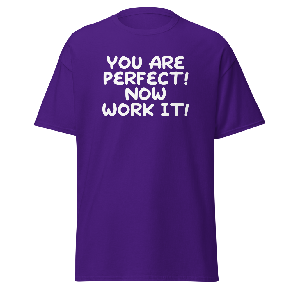 "You Are Perfect! Now Work It!" printed on a purple on an invisible body