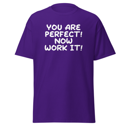 "You Are Perfect! Now Work It!" printed on a purple on an invisible body