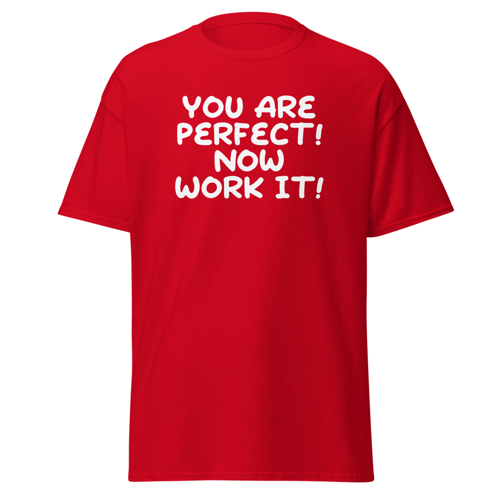 "You Are Perfect! Now Work It!" printed on a red on an invisible body