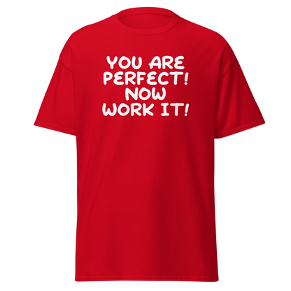 "You Are Perfect! Now Work It!" printed on a red on an invisible body