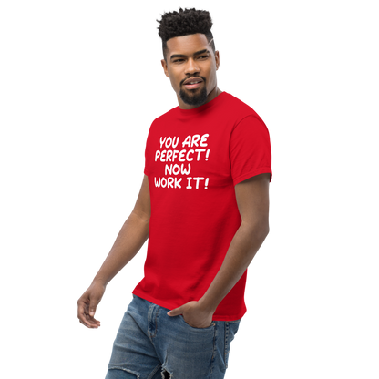 "You Are Perfect! Now Work It!" printed on a red unisex classic tee worn by a male