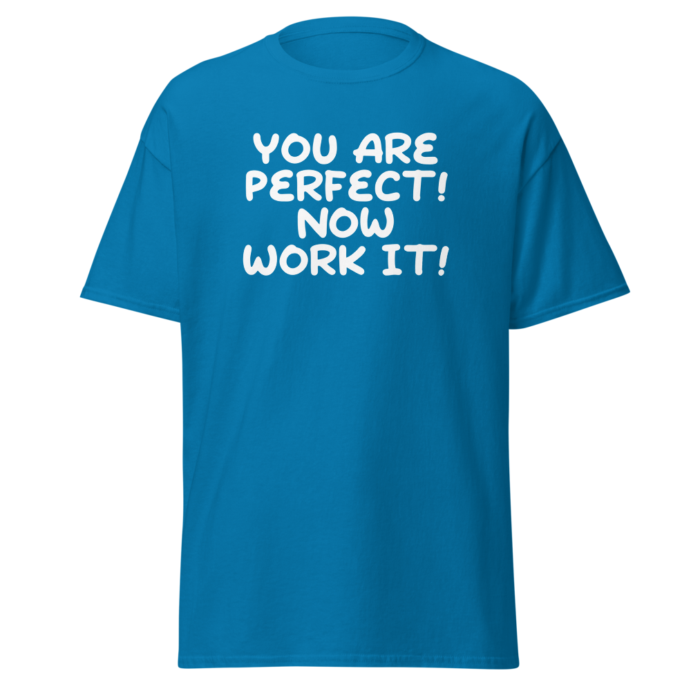 "You Are Perfect! Now Work It!" printed on a sapphire on an invisible body