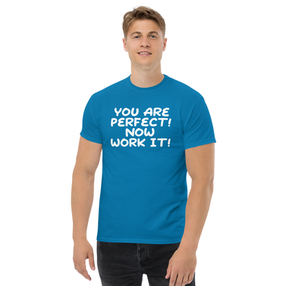 "You Are Perfect! Now Work It!" printed on a sapphire unisex classic tee worn by a male