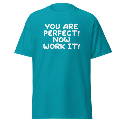 "You Are Perfect! Now Work It!" printed on a tropical blue on an invisible body