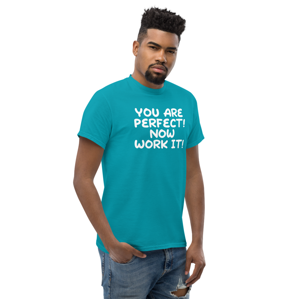 "You Are Perfect! Now Work It!" printed on a tropical blue unisex classic tee worn by a male