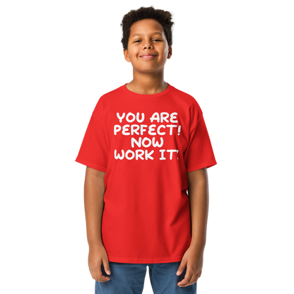 "You Are Perfect! Now Work It!" printed on a red youth classic tee worn by a male