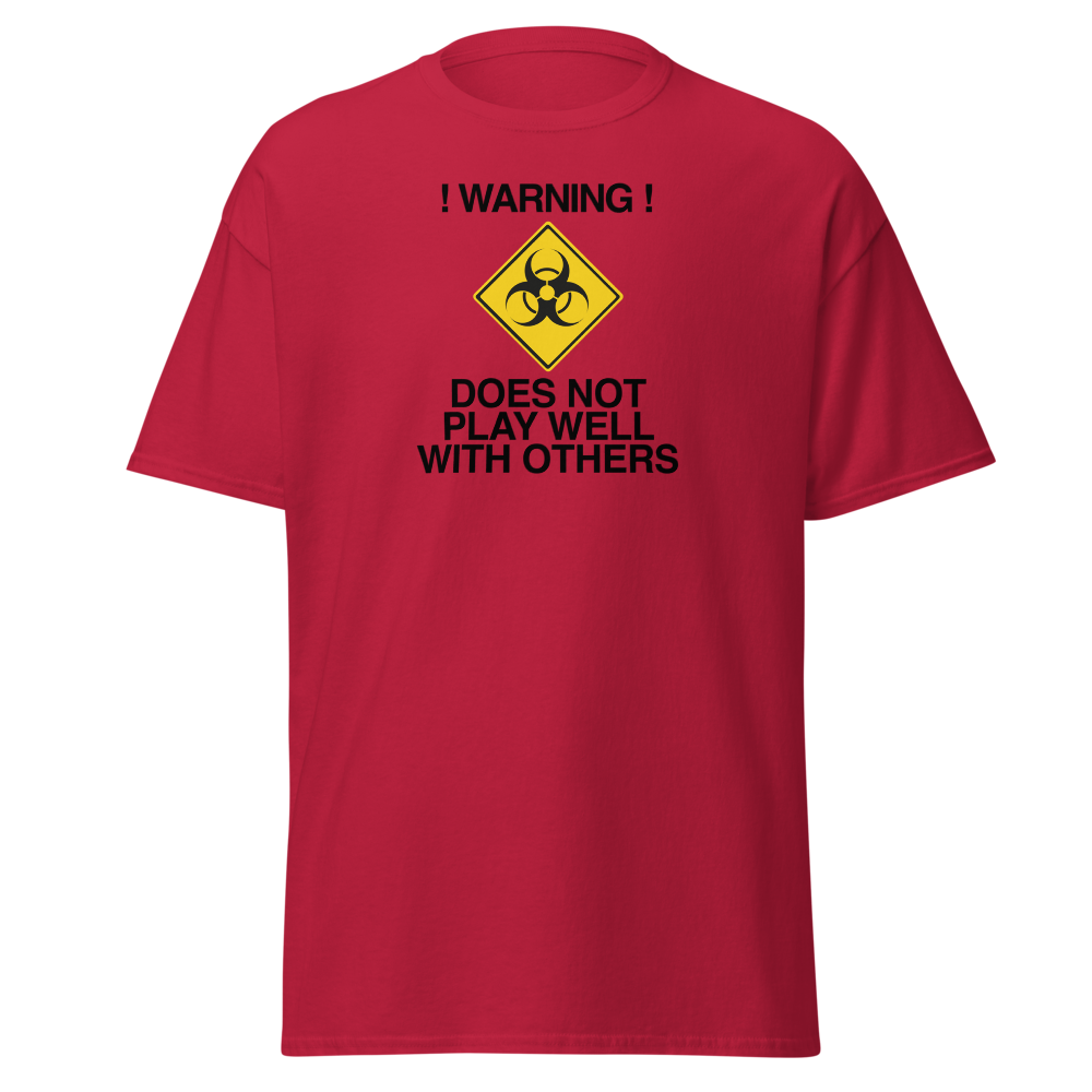 "!Warning! Does Not Play Well With Others" printed on a cardinal on an invisible body