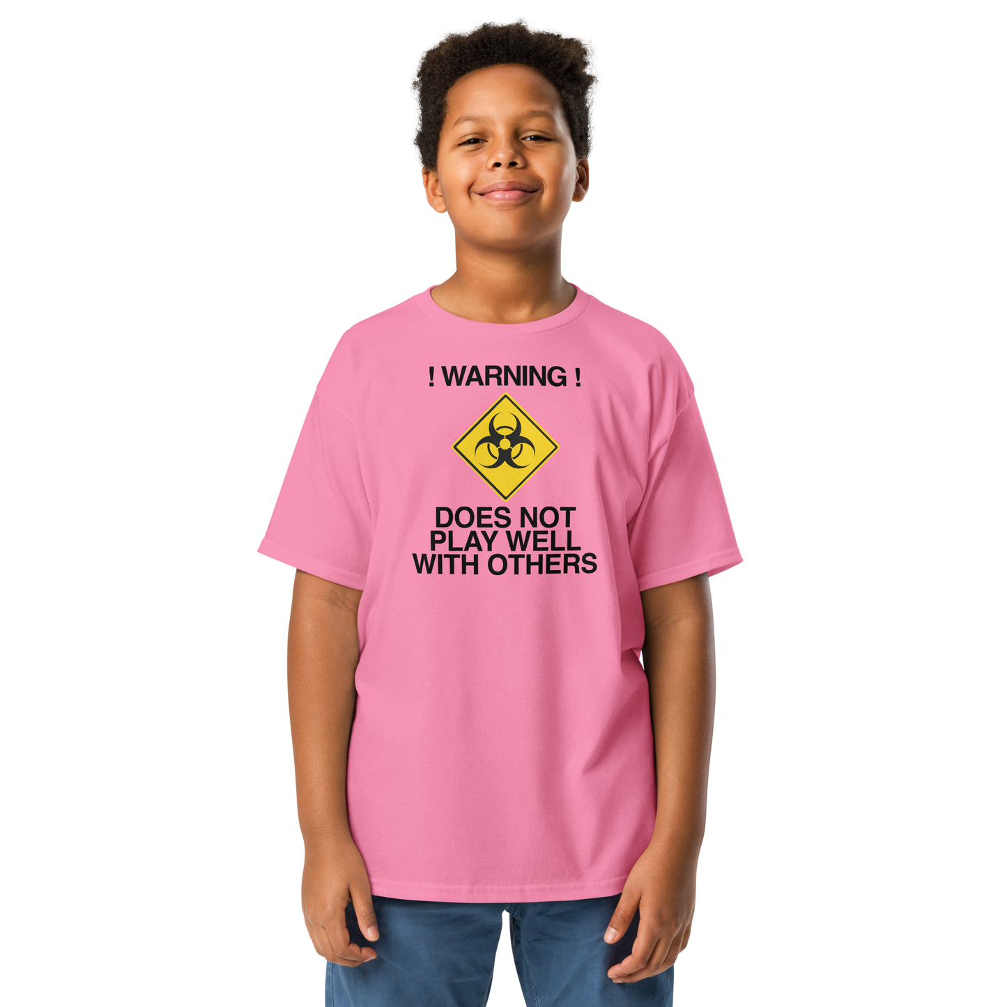 "!Warning! Does Not Play Well With Others" printed on a azalea youth classic tee worn by a male