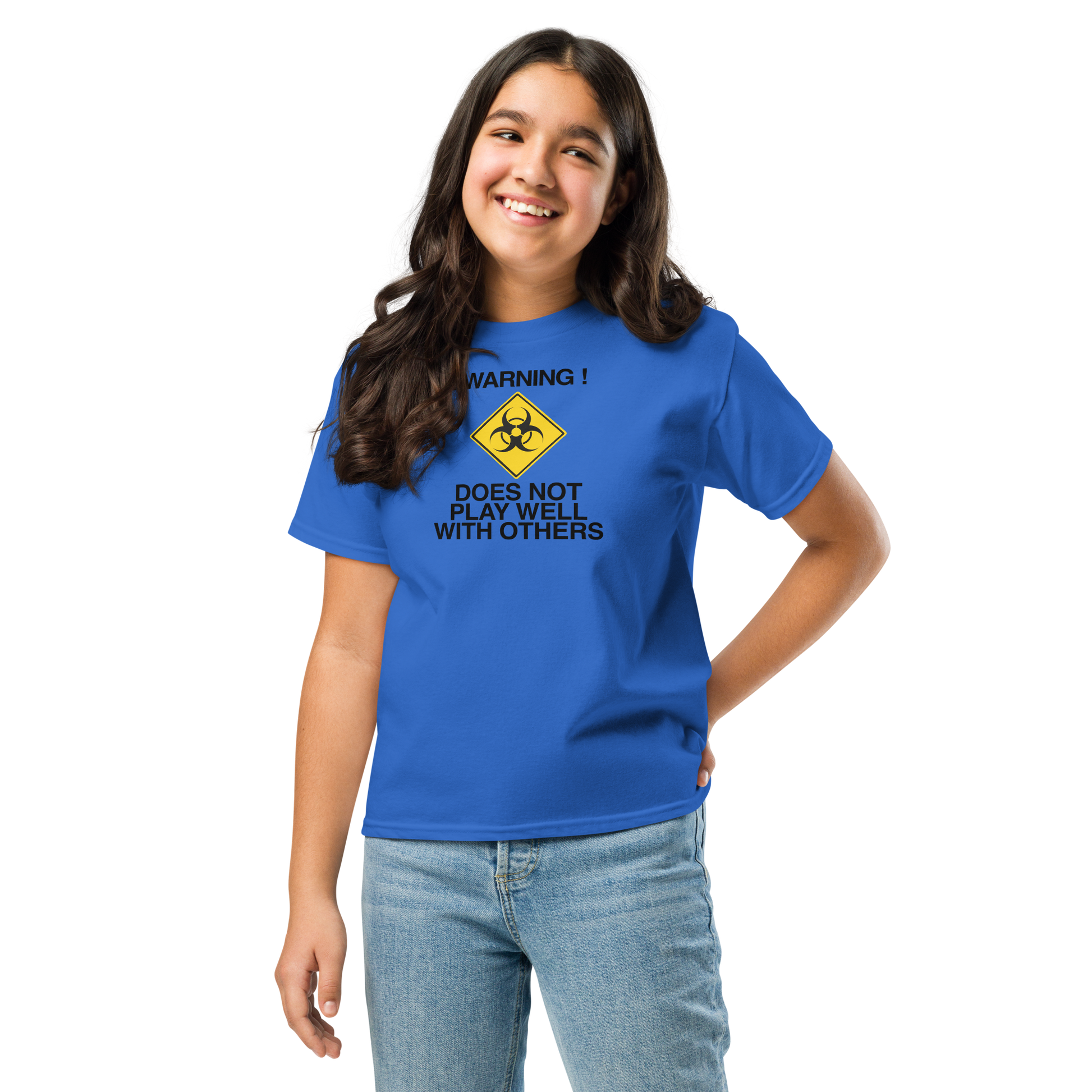"!Warning! Does Not Play Well With Others" printed on a royal youth classic tee worn by a female