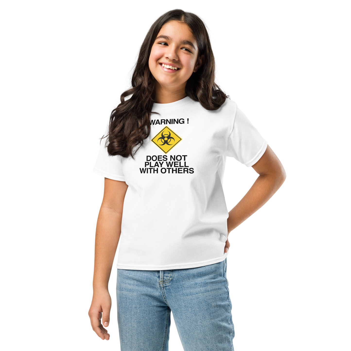 "!Warning! Does Not Play Well With Others" printed on a white youth classic tee worn by a female