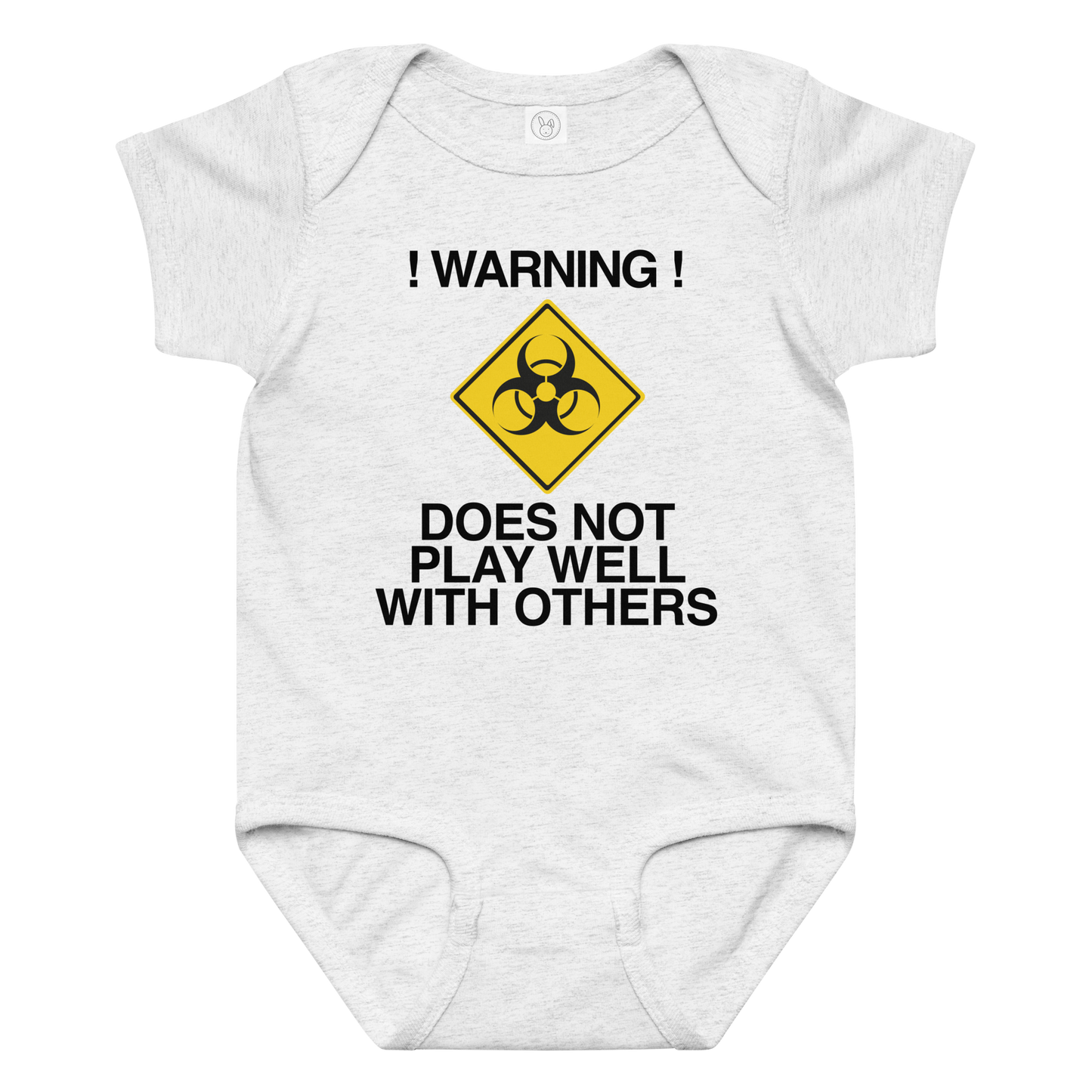 "!Warning! Does Not Play Well With Others" printed on a ash baby jersey bodysuit laying on a flat surface amongst other clothes