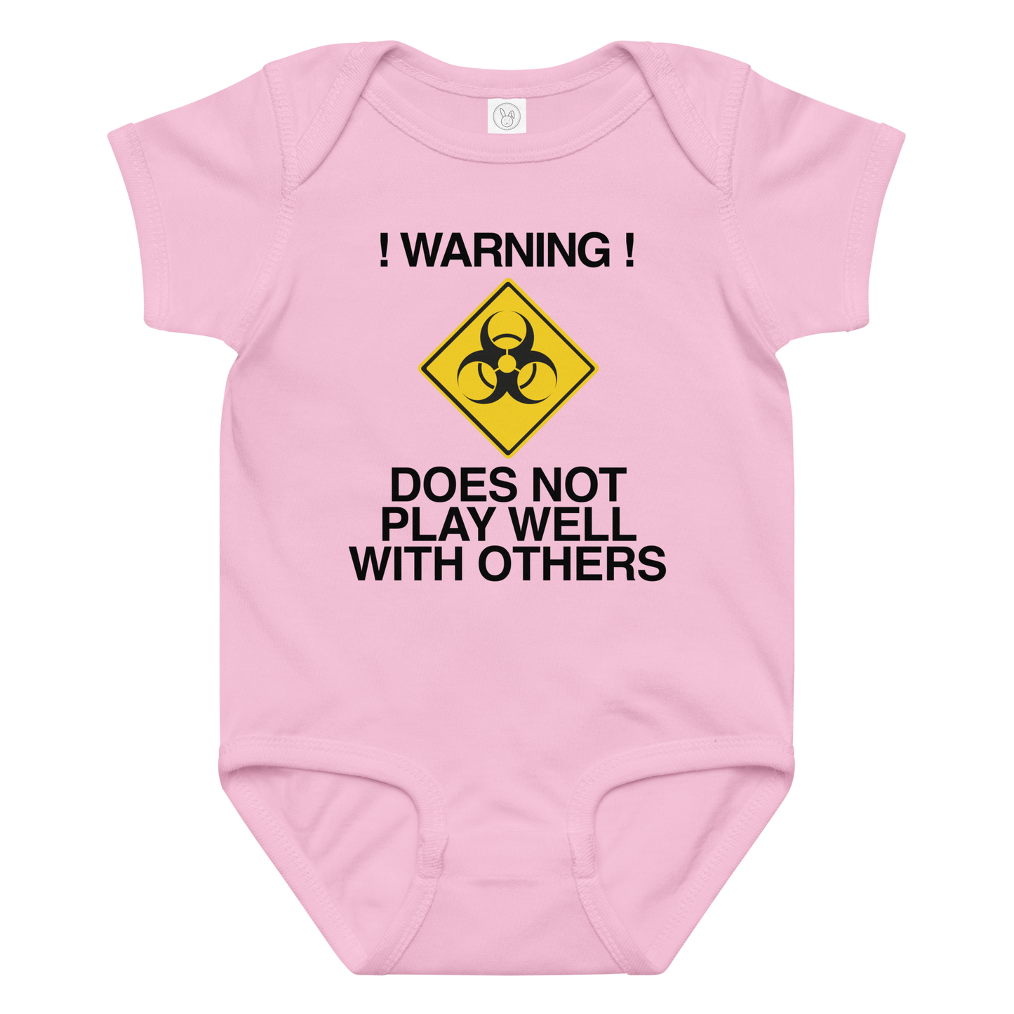 "!Warning! Does Not Play Well With Others" printed on a pink baby jersey bodysuit laying on a flat surface amongst other clothes