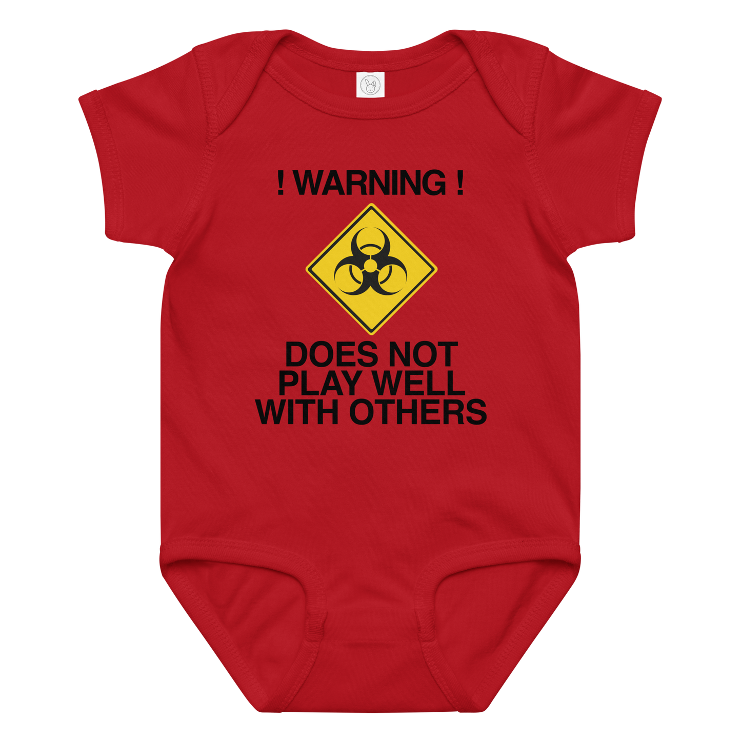 "!Warning! Does Not Play Well With Others" printed on a red baby jersey bodysuit laying on a flat surface amongst other clothes