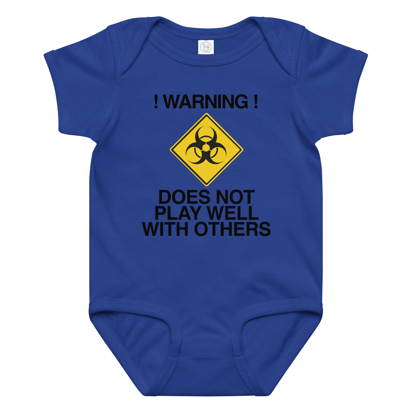 "!Warning! Does Not Play Well With Others" printed on a royal baby jersey bodysuit laying on a flat surface amongst other clothes