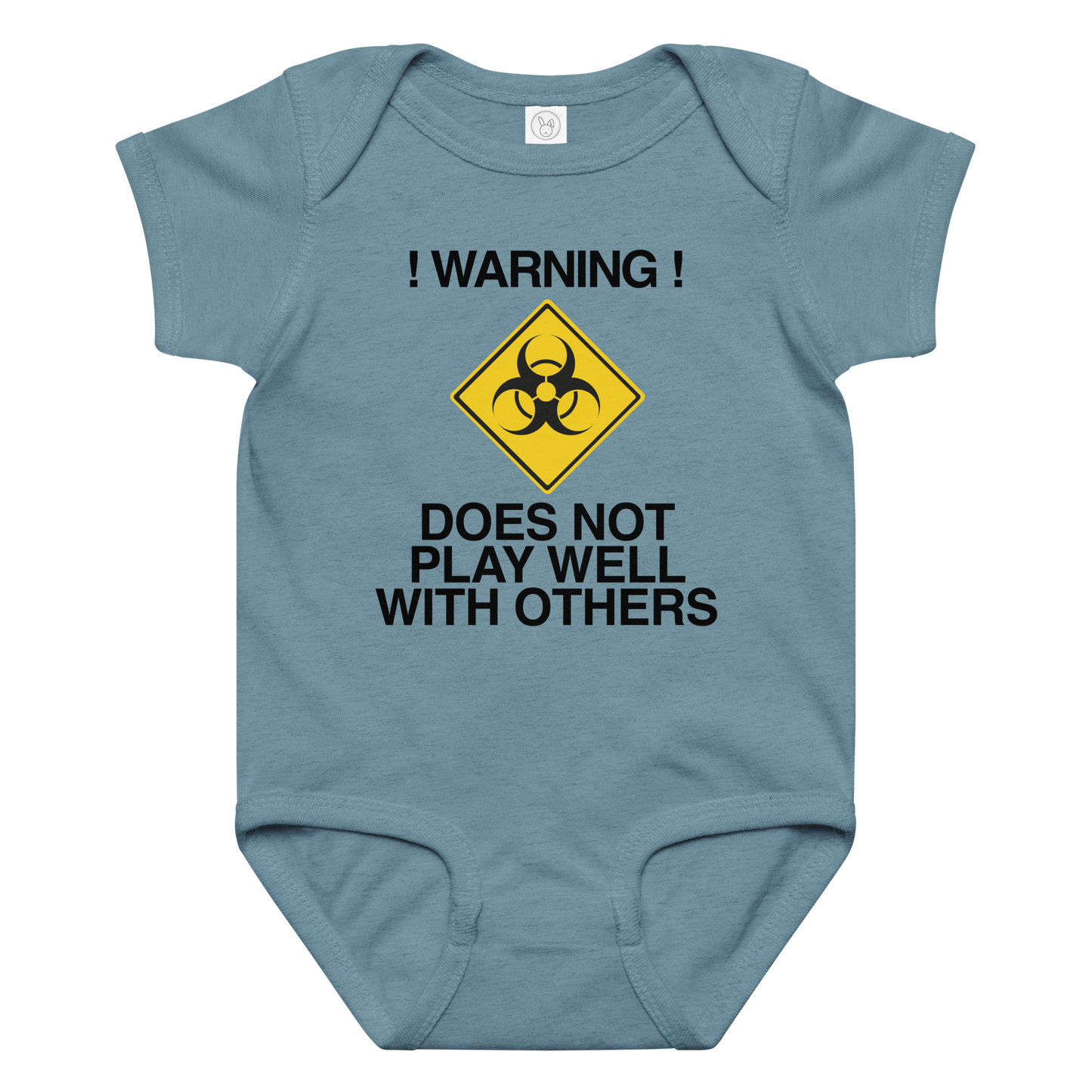 "!Warning! Does Not Play Well With Others" printed on a vintage indigo baby jersey bodysuit laying on a flat surface amongst other clothes