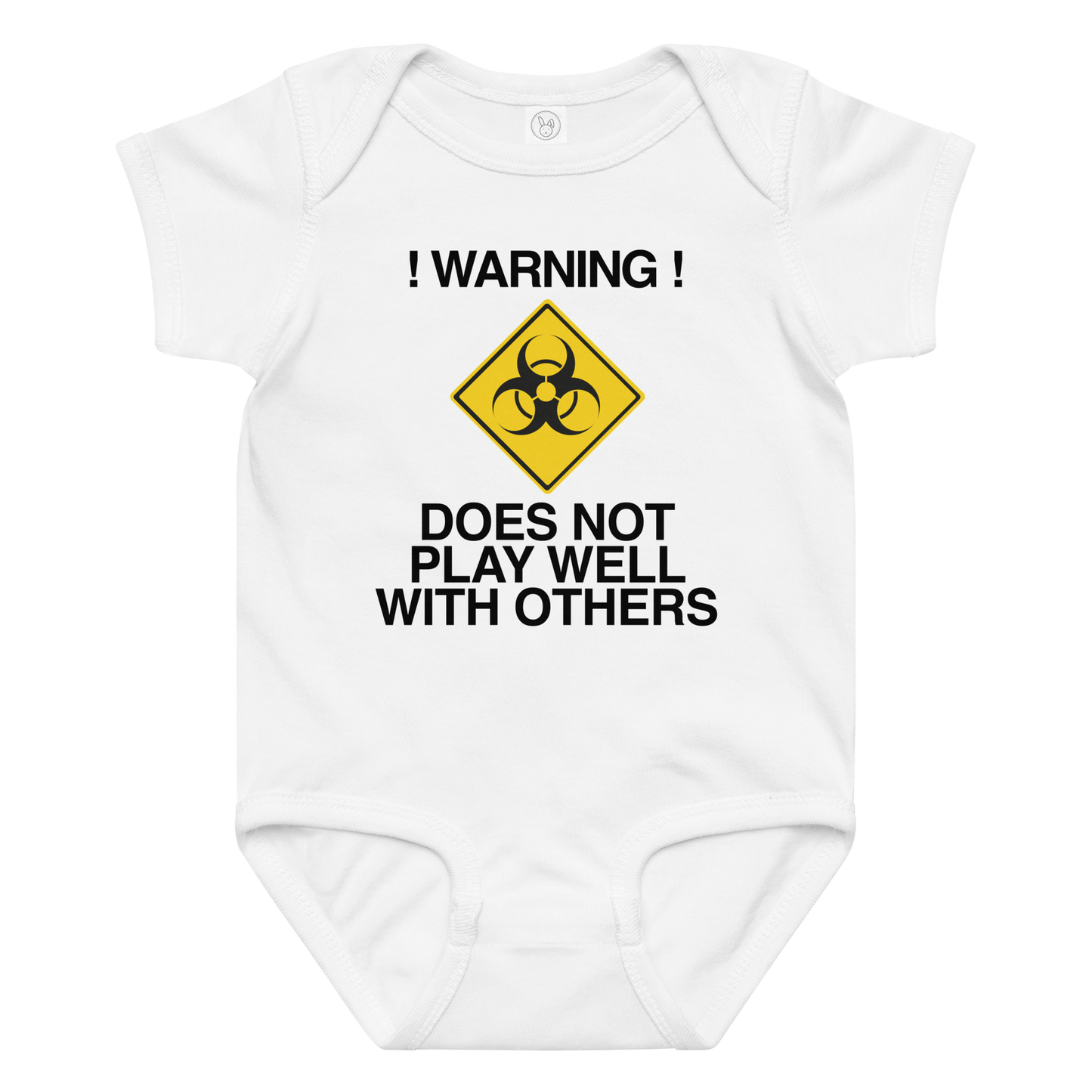 "!Warning! Does Not Play Well With Others" printed on a white baby jersey bodysuit laying on a flat surface amongst other clothes