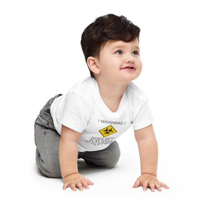 "!Warning! Does Not Play Well With Others" printed on a white baby jersey short sleeve tee worn by a male who is crawling