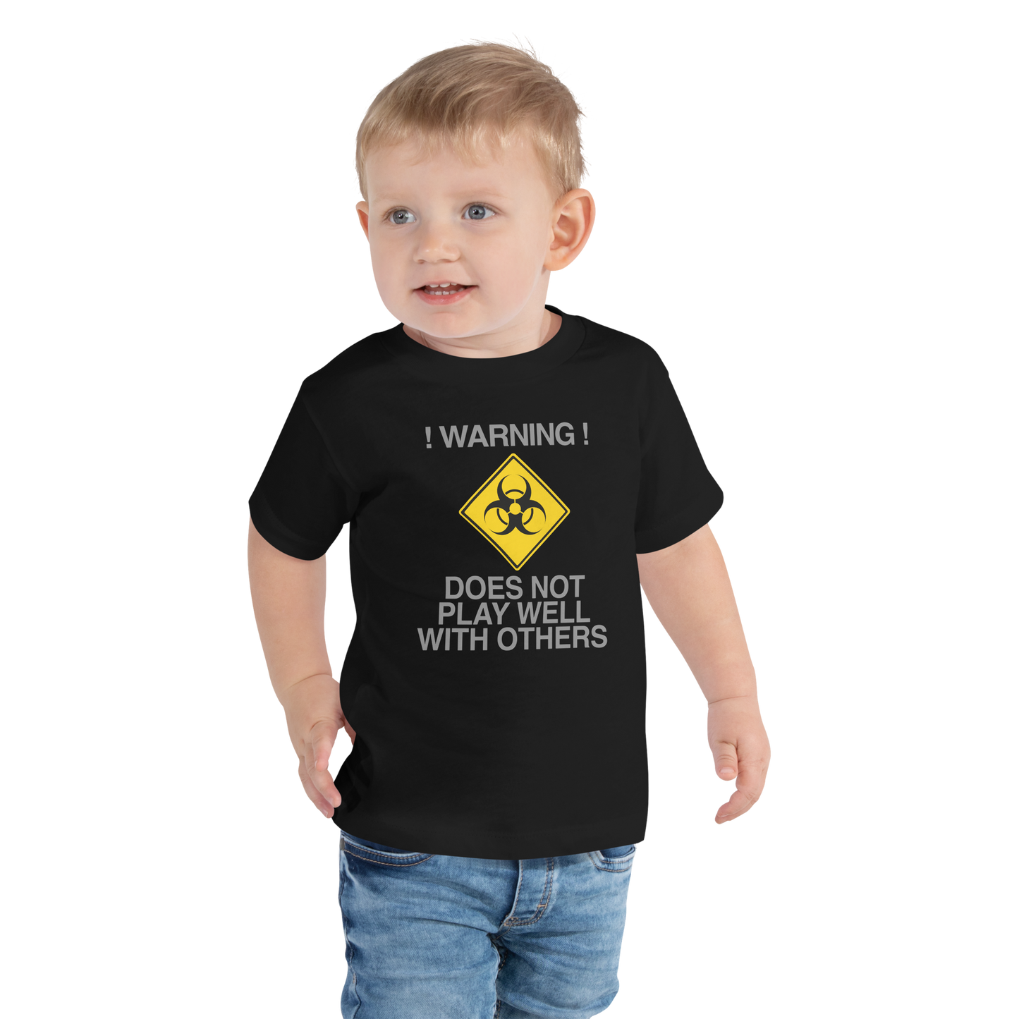 "!Warning! Does Not Play Well With Others" printed on a black toddler short sleeve tee worn by a male
