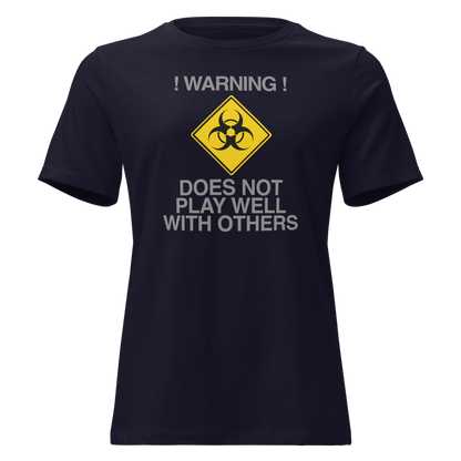 "!Warning! Does Not Play Well With Others" printed on a navy on an invisible / simulated body
