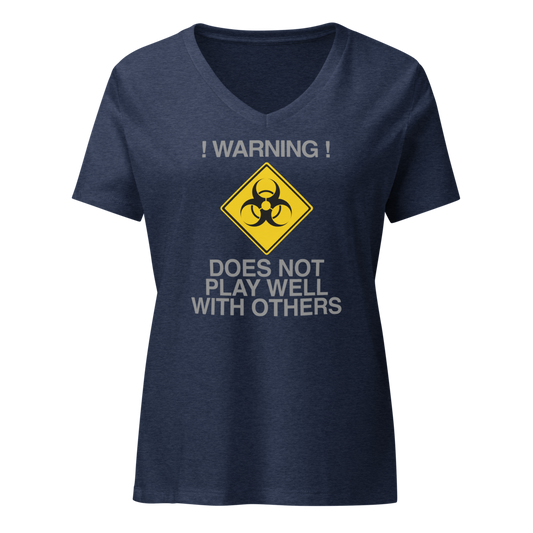 "!Warning! Does Not Play Well With Others" printed on a heather navy on an invisible / simulated body