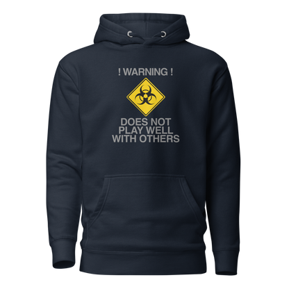 "!Warning! Does Not Play Well With Others" printed on a navy blazer on an invisible / simulated body