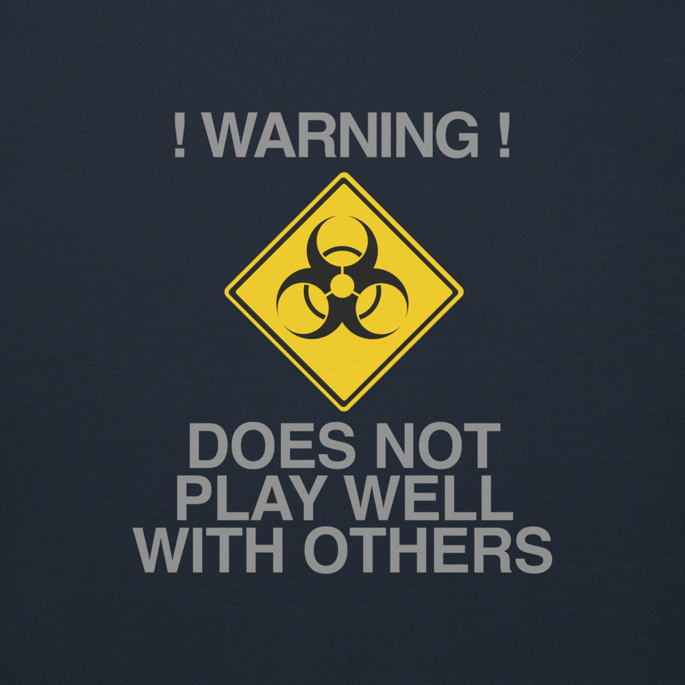 "!Warning! Does Not Play Well With Others" printed on a navy blazer background