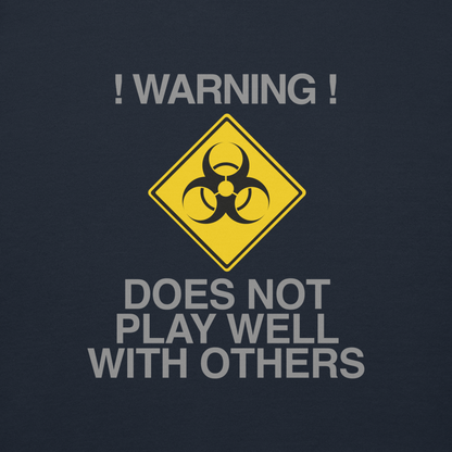 "!Warning! Does Not Play Well With Others" printed on a navy blazer background