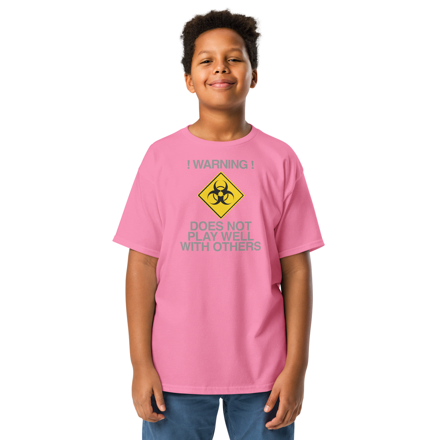 "!Warning! Does Not Play Well With Others" printed on a azalea youth classic tee worn by a male