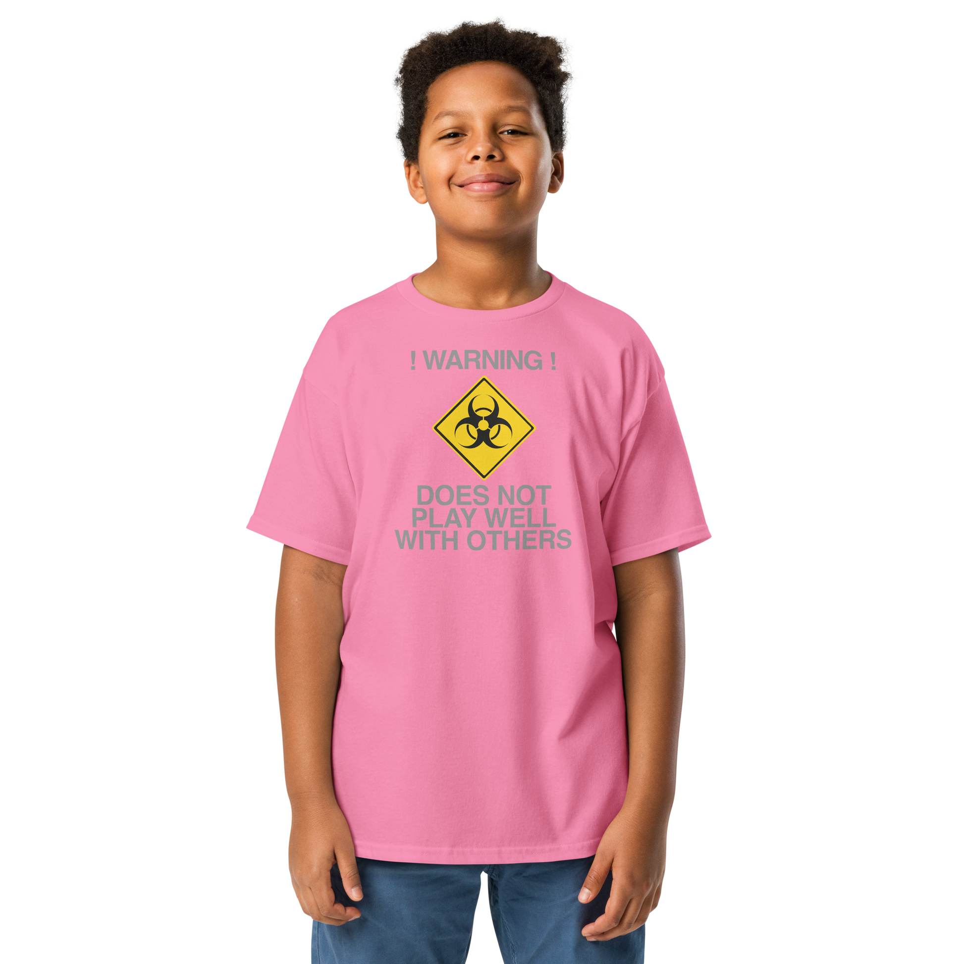 "!Warning! Does Not Play Well With Others" printed on a azalea youth classic tee worn by a male