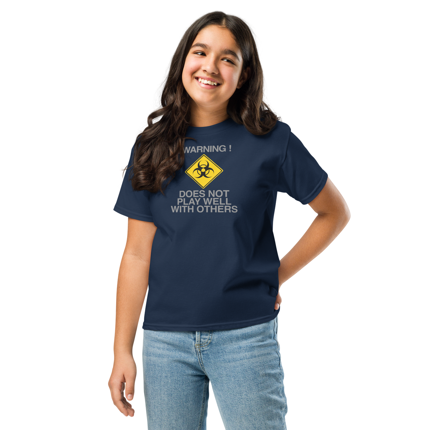"!Warning! Does Not Play Well With Others" printed on a navy youth classic tee worn by a female