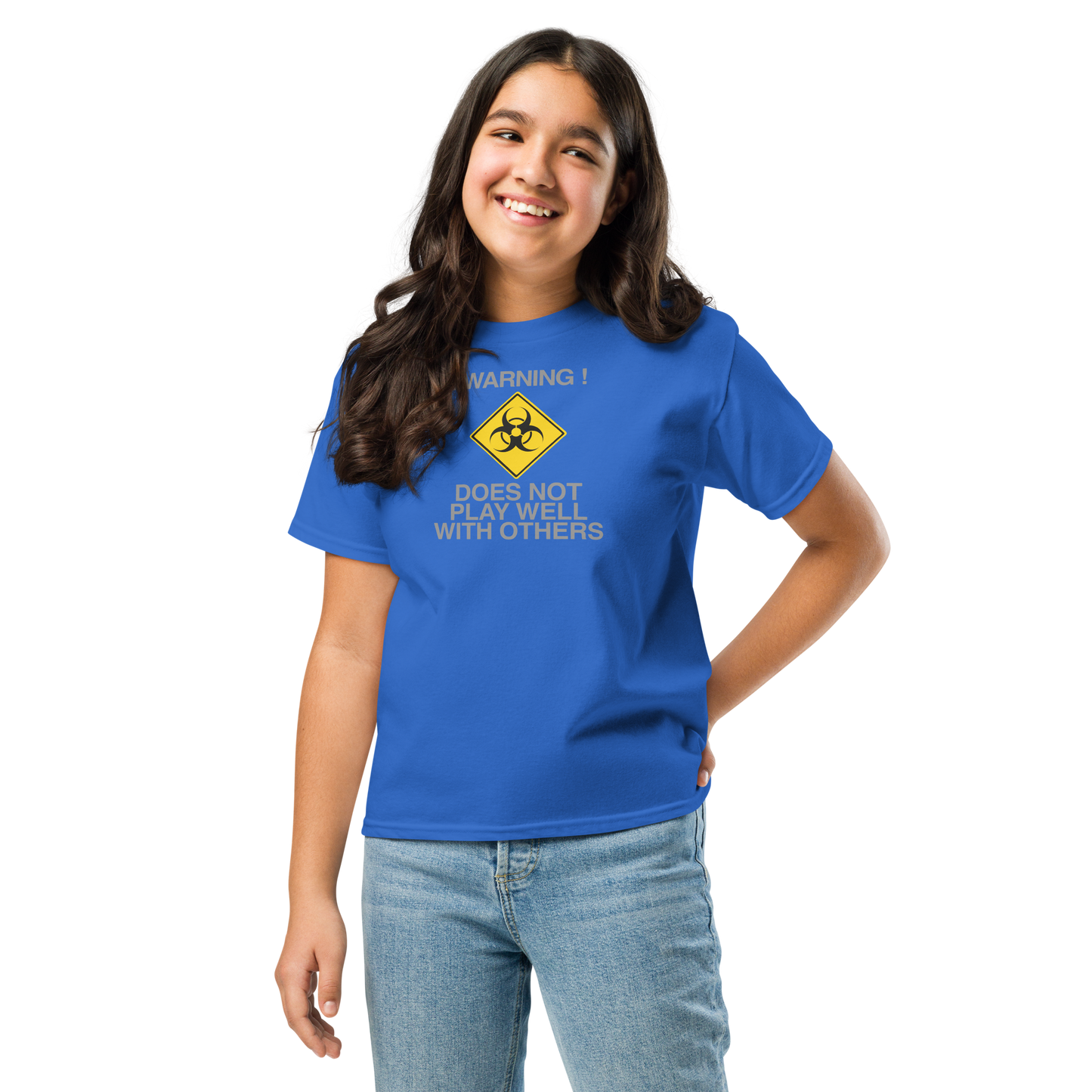 "!Warning! Does Not Play Well With Others" printed on a royal youth classic tee worn by a female
