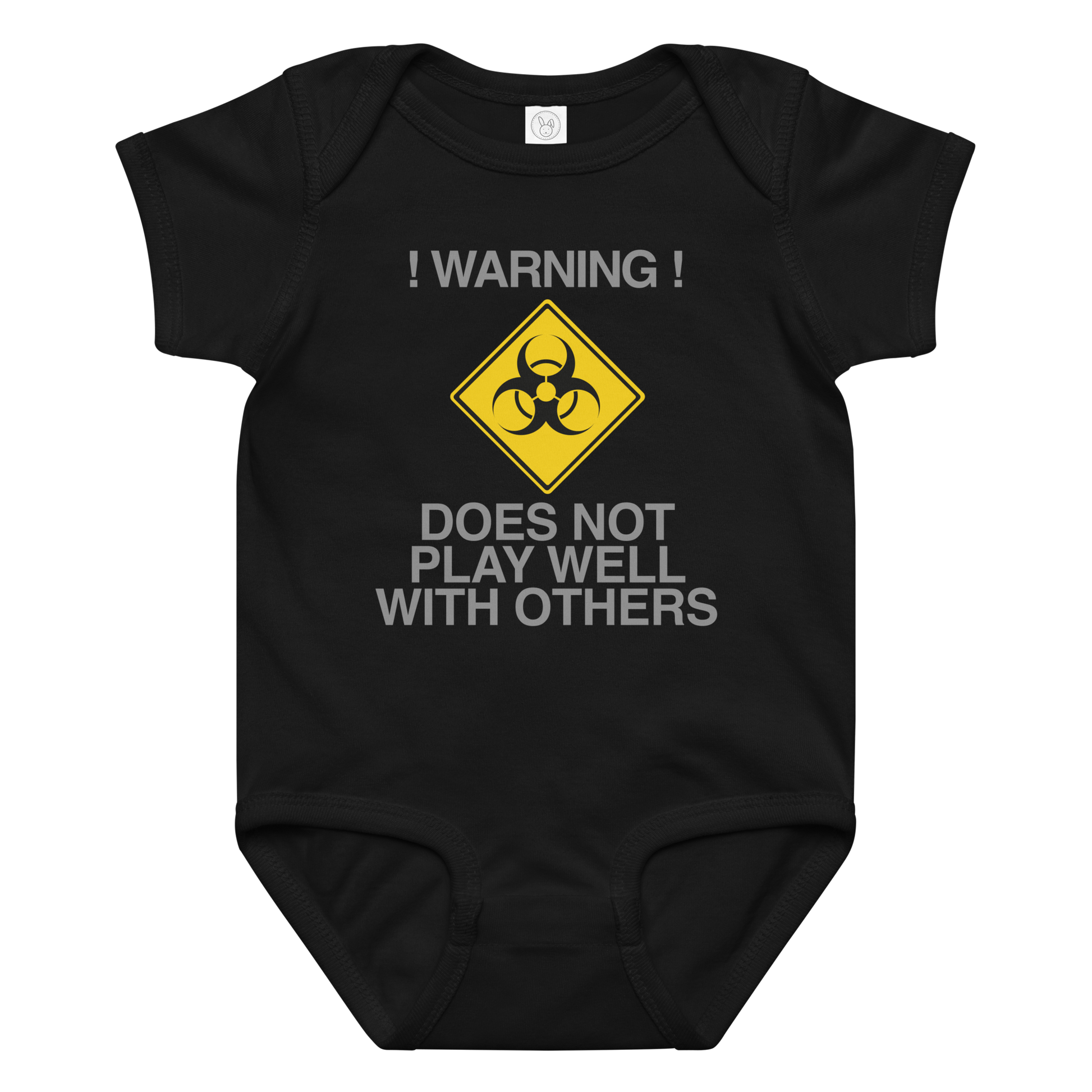 "!Warning! Does Not Play Well With Others" printed on a black baby jersey bodysuit laying on a flat surface amongst other clothes