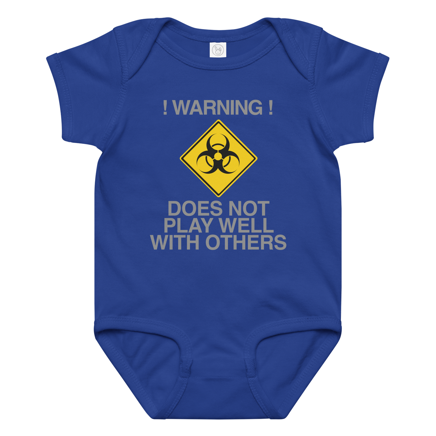 "!Warning! Does Not Play Well With Others" printed on a royal baby jersey bodysuit laying on a flat surface amongst other clothes