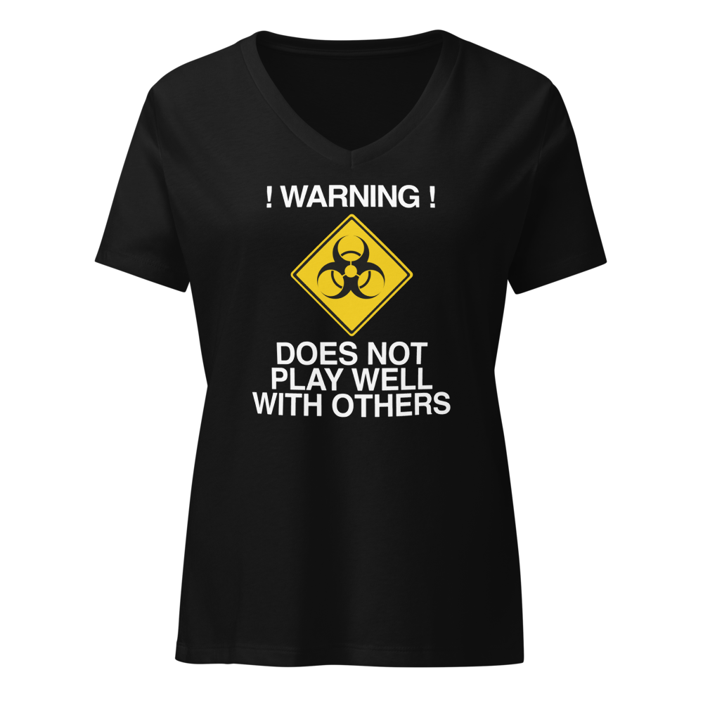 "!Warning! Does Not Play Well With Others" printed on a solid black blend on an invisible / simulated body