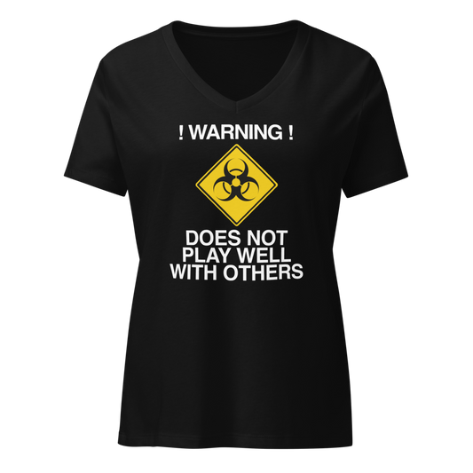 "!Warning! Does Not Play Well With Others" printed on a solid black blend on an invisible / simulated body