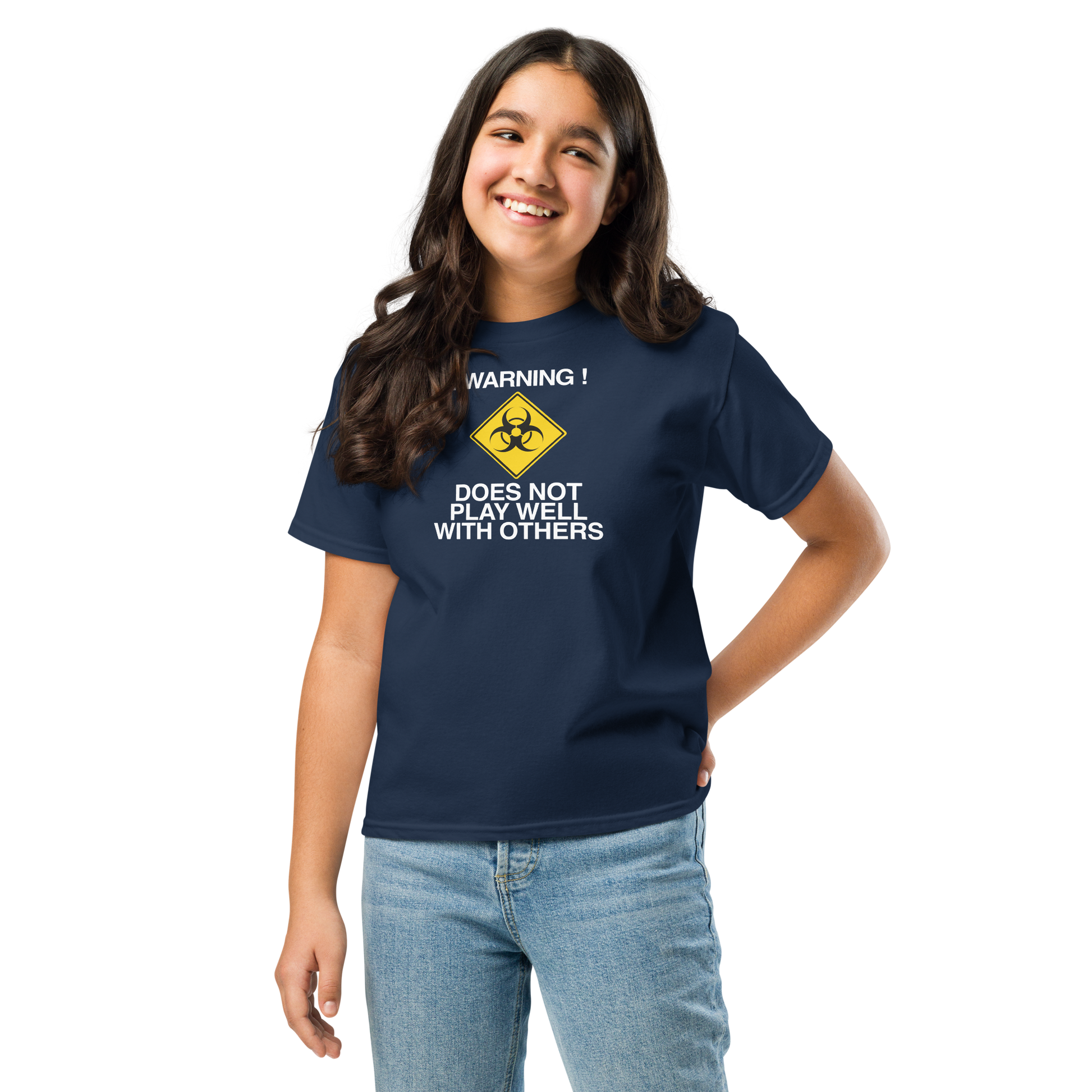 "!Warning! Does Not Play Well With Others" printed on a navy youth classic tee worn by a female