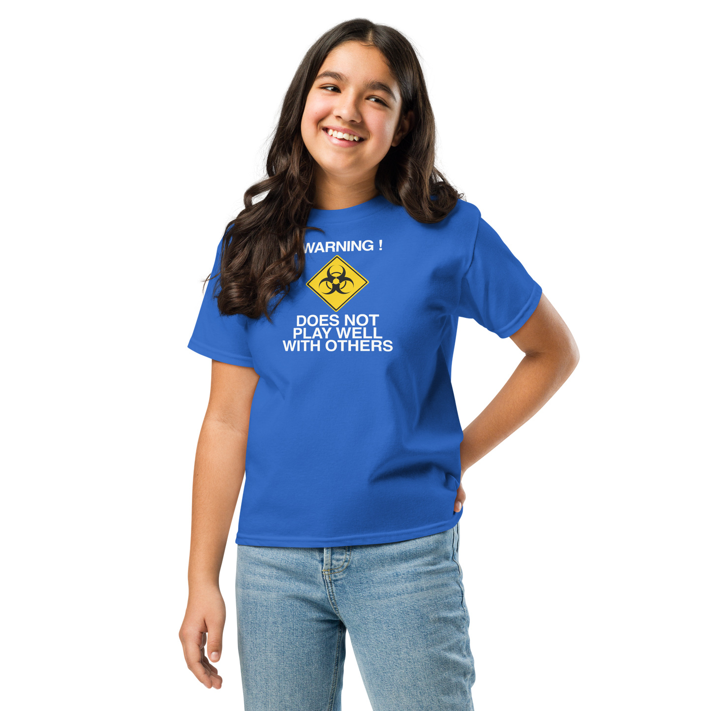 "!Warning! Does Not Play Well With Others" printed on a royal youth classic tee worn by a female