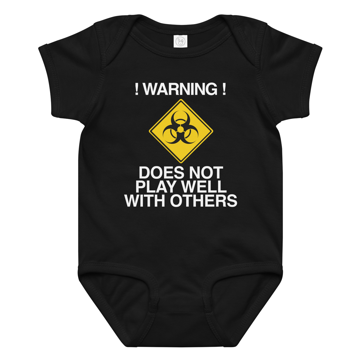 "!Warning! Does Not Play Well With Others" printed on a black baby jersey bodysuit laying on a flat surface amongst other clothes