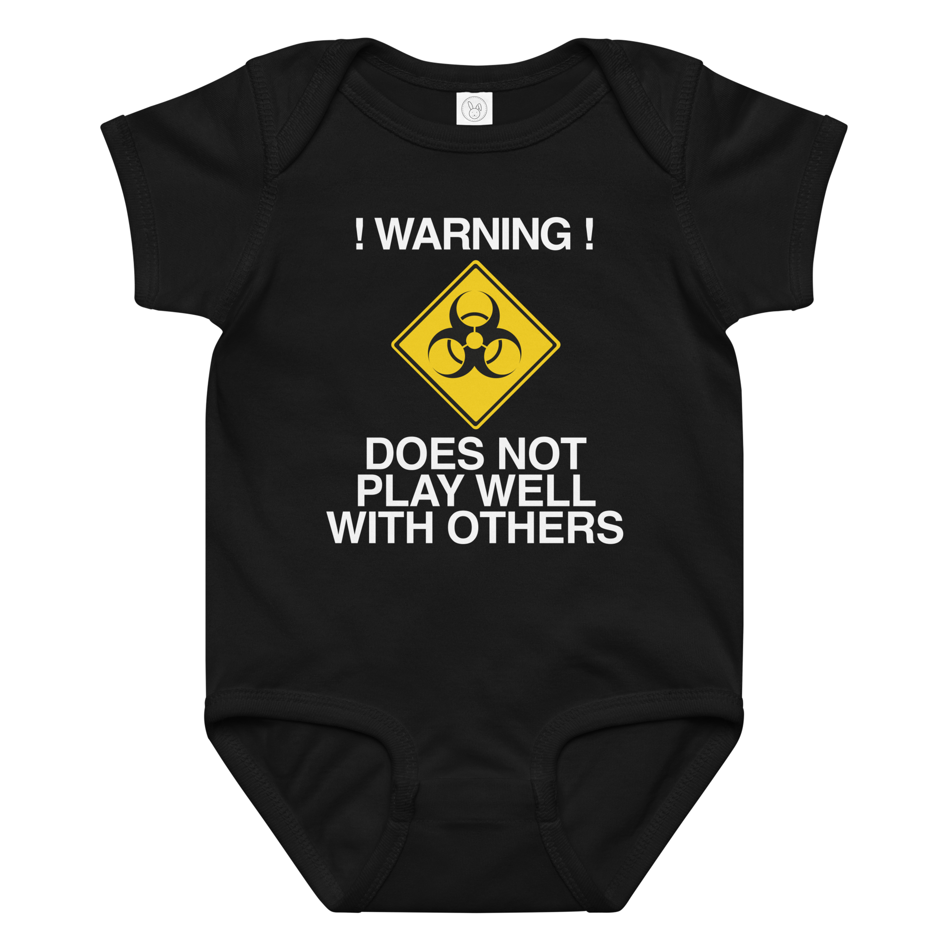 "!Warning! Does Not Play Well With Others" printed on a black baby jersey bodysuit laying on a flat surface amongst other clothes