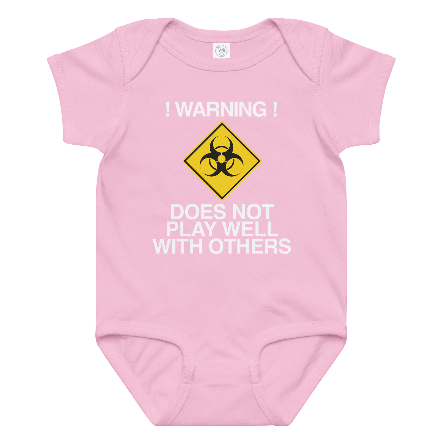 "!Warning! Does Not Play Well With Others" printed on a pink baby jersey bodysuit laying on a flat surface amongst other clothes