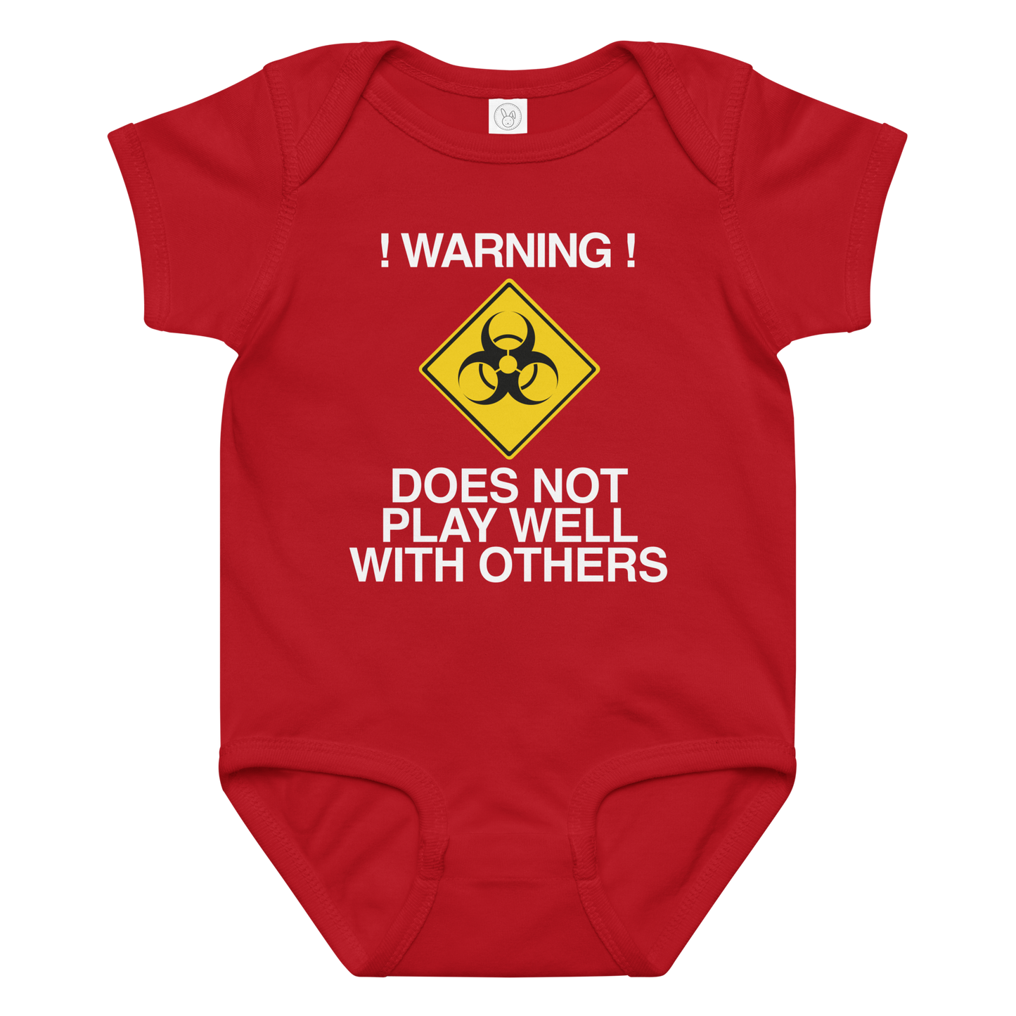 "!Warning! Does Not Play Well With Others" printed on a red baby jersey bodysuit laying on a flat surface amongst other clothes