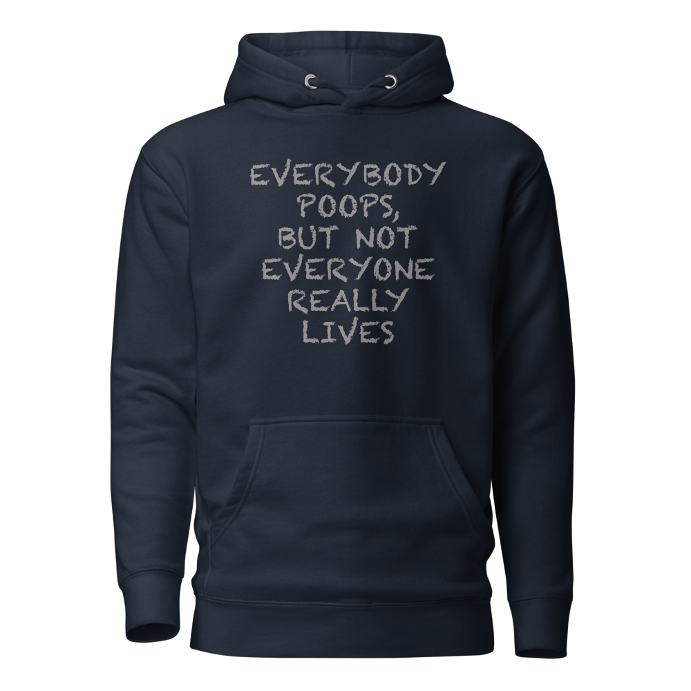 "Everybody poops, but not everyone really lives" printed on a navy blazer on an invisible / simulated body