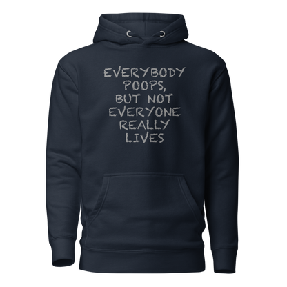 "Everybody poops, but not everyone really lives" printed on a navy blazer on an invisible / simulated body
