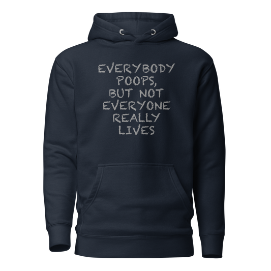 "Everybody poops, but not everyone really lives" printed on a navy blazer on an invisible / simulated body