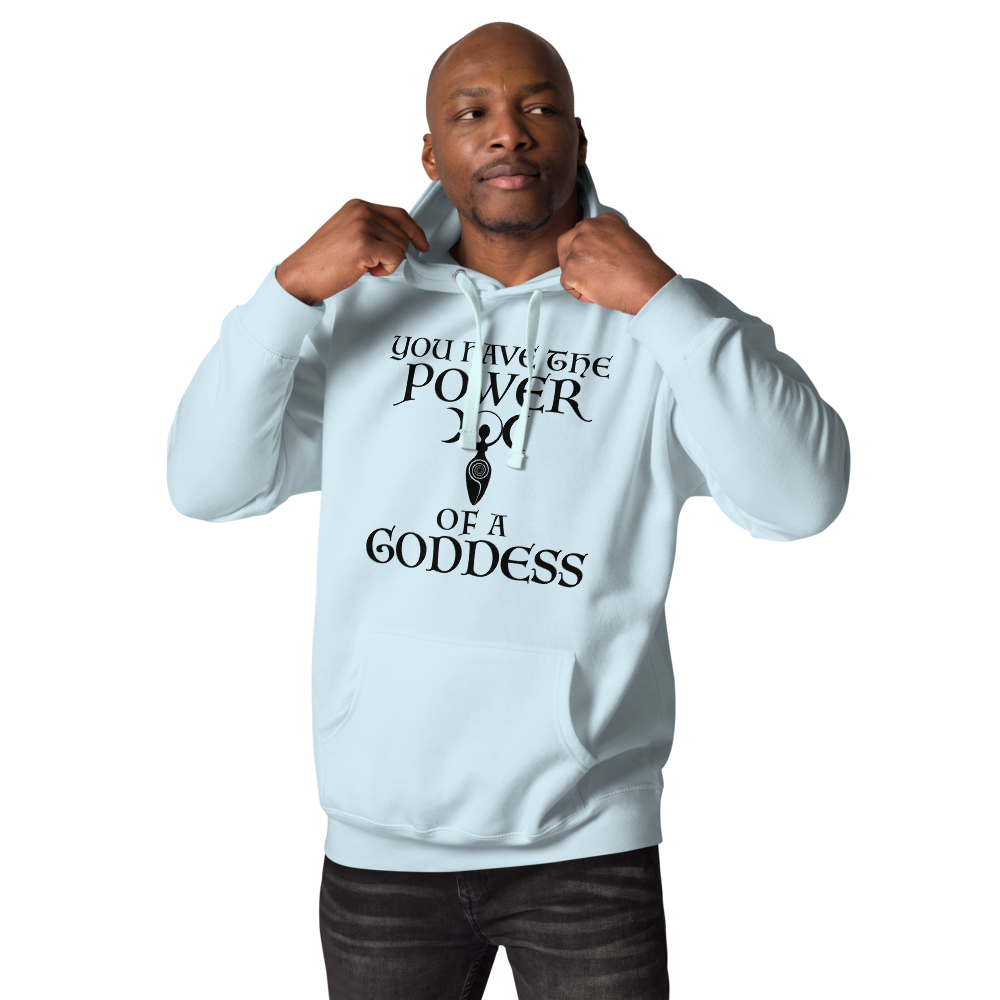 "You have the power of a goddess" printed on a sky blue unisex hoodie worn by a male